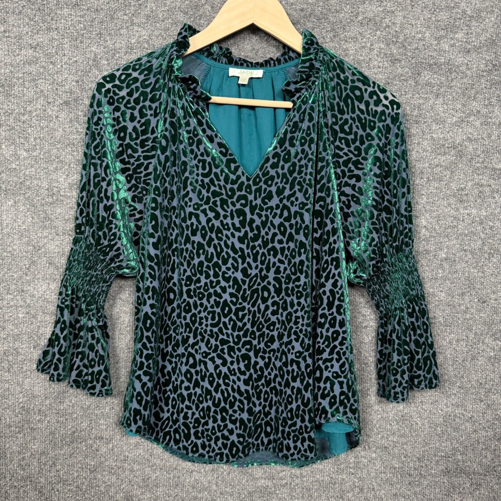 Jade Melody Tam Size Small Shirt Blouse Teal Velvet Burnout Animal Print Ruffled